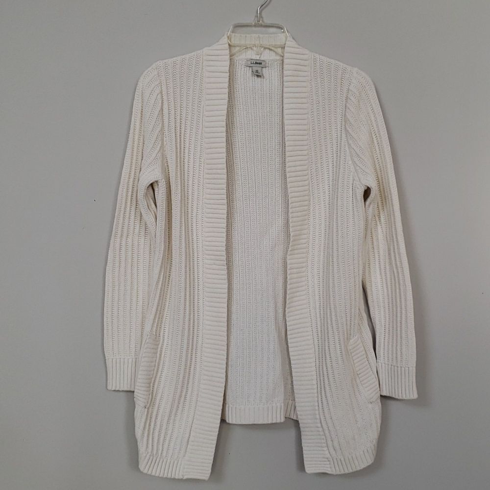 Y2K L.L. Bean Sweater Womens XS Cream Rib Knit Long Line Cardigan Cabincore